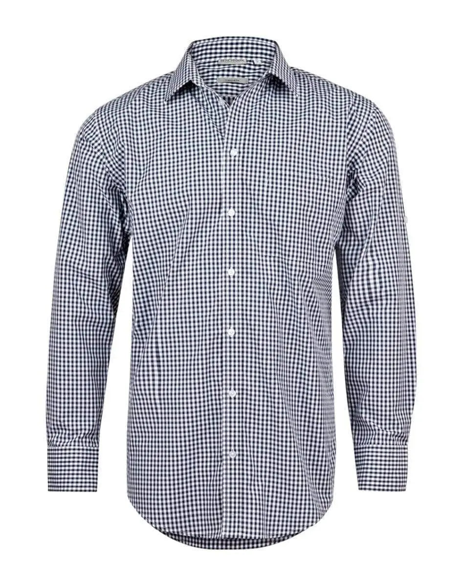 BENCHMARK Men’s Gingham Check Long Sleeve Shirt with Roll-up Tab Sleeve M7300L Corporate Wear Benchmark Navy/White XS